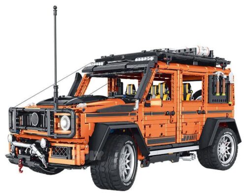 Ảnh chính diện bộ lắp ráp Xe địa hình Mercedes G63 GULY 10642, màu cam nổi bật, dành cho con trai 8 tuổi, giá rẻ.