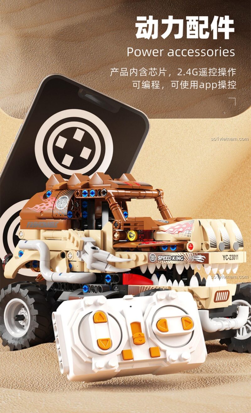 Phụ kiện động cơ và điều khiển từ xa của Xe T-Rex Biến Hình Happy Build, kết nối điện thoại và lập trình.