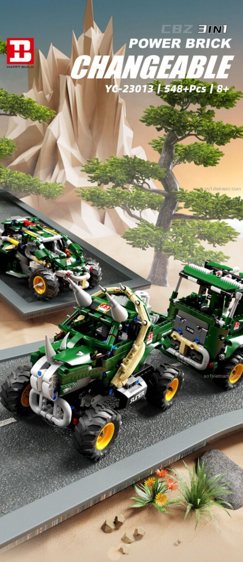 Hình ảnh 3 mẫu xe có thể lắp ráp từ bộ đồ chơi lắp ráp Happy Build YC-23013: xe khủng long, xe đua, xe tải. Đồ chơi sáng tạo cho con trai.