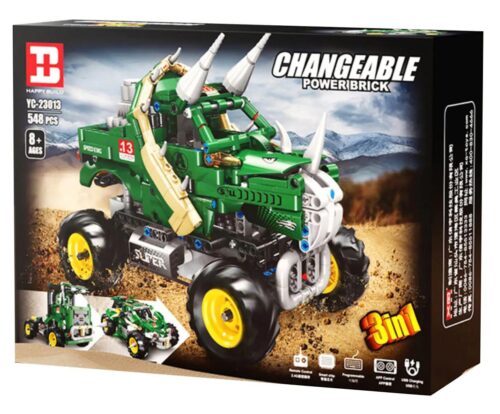 Hộp sản phẩm bộ lắp ghép Happy Build YC-23013 Xe quái vật Triceratops 3 trong 1, 548 chi tiết, đồ chơi cho bé trai 8 tuổi, giá rẻ.