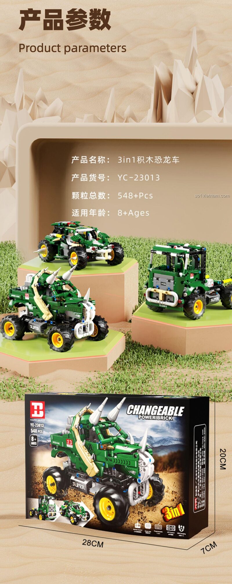 Thông số kỹ thuật của bộ xếp hình Xe đua địa hình YC-23013, bao gồm kích thước hộp và số chi tiết. Mua ngay giá tốt.