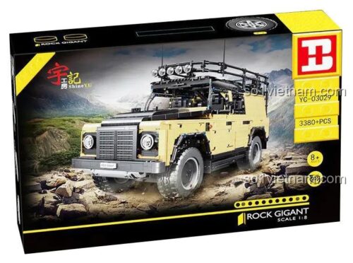 Hình ảnh hộp sản phẩm đồ chơi mô hình Huyền thoại off-road Land Rover Defender YC-23029, với 3380 chi tiết, tỉ lệ 1:8, thương hiệu ShineYU và Happy Build.