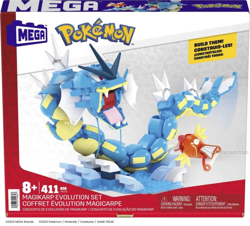 Hộp đựng bộ lắp ghép Mega Bloks HNT95 Pokemon Gyarados và Magikarp, đồ chơi cho bé 8 tuổi
