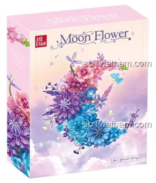 Hộp đựng bộ lắp ghép Trăng Hoa JIESTAR JJ9163, có hình ảnh mô hình hoa trên nền hồng tím, ghi rõ tên sản phẩm 'Moon Flower' và thông số 977 mảnh, độ tuổi 6+.