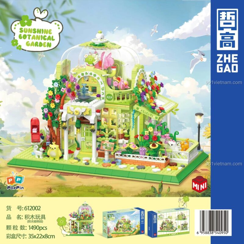 Hộp đựng đồ chơi ZHEGAO 612002 Vườn Thực Vật Nắng Mai với thông tin chi tiết: 1490 mảnh, kích thước 35x22x8cm, độ tuổi 14+, phù hợp cho bé gái, đồ chơi sáng tạo, quà tặng ý nghĩa.