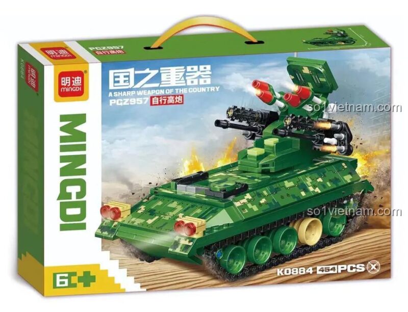 Hộp đựng FGZ957 Tự Hành Cao Xạ Pháo MingDi K0884 - Hình ảnh xe quân sự màu xanh lá với pháo, có ghi chú 6+, 454 mảnh