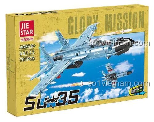 Hộp đựng bộ đồ chơi máy bay chiến đấu SU-35 Glory Mission JIE STAR 58122, có hình ảnh máy bay và thông số chi tiết, đồ chơi giáo dục cho bé trai