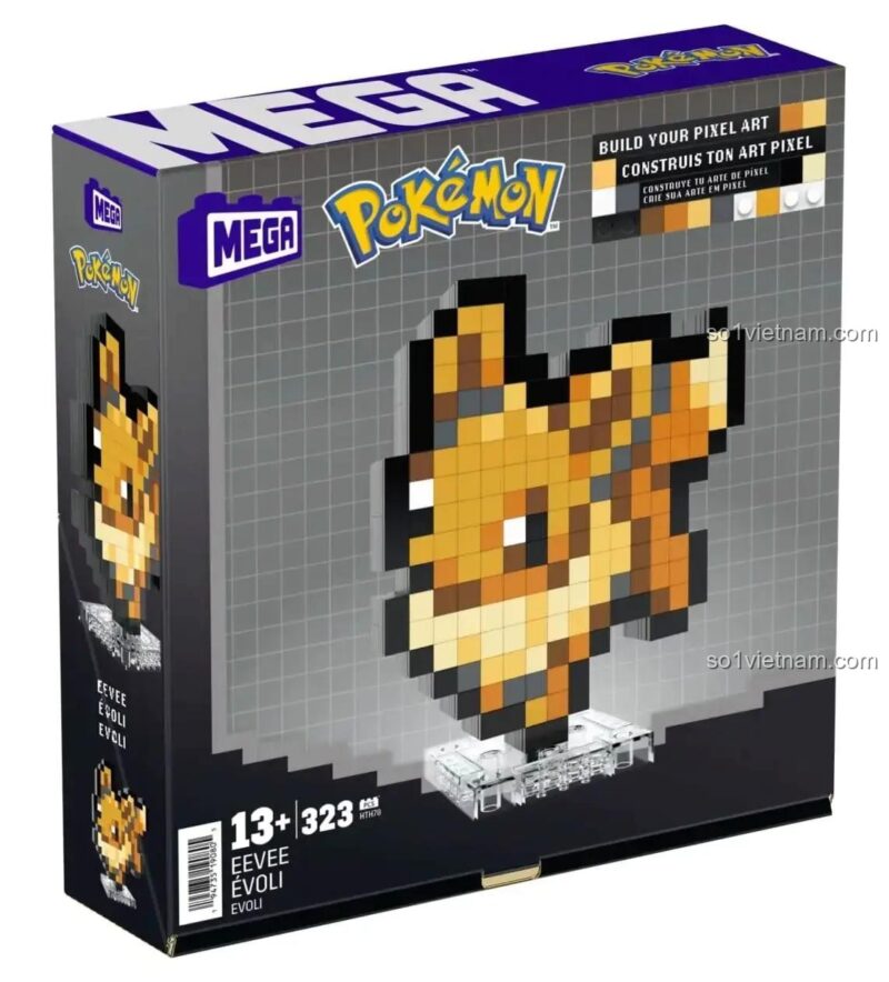 Hộp đựng bộ đồ chơi Pokémon Eevee Pixel Art Mega Bloks HTH78, đồ chơi lắp ráp Eevee 8-bit, 323 mảnh ghép
