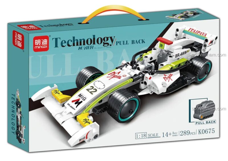 Hộp đựng bộ đồ chơi lắp ráp xe đua F1 hồi lực Mingi K0675, có hình ảnh sản phẩm, thông số kỹ thuật và độ tuổi khuyến nghị 14+
