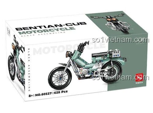 Hộp đựng bộ lắp ráp xe máy Honda Cub tỉ lệ 1:8, mã số 60527, 628 chi tiết, dành cho trẻ 8+ tuổi.
