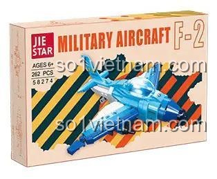 Hình ảnh hộp của đồ chơi mô hình Tiêm kích F-2 JIESTAR 58274. Hộp ghi rõ độ tuổi 6+, số lượng 262 chi tiết và mã sản phẩm. Món quà lý tưởng cho bé trai.