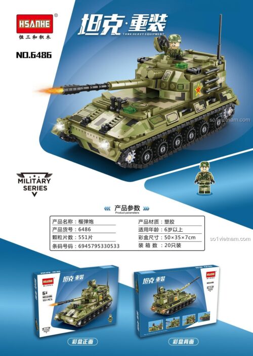 Chi tiết bộ xếp hình Xe Tăng Pháo Tự Hành HSANHE 6486 gồm 551 mảnh, chất lượng cao, tương thích LEGO®.