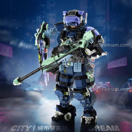 Mô hình Robot chiến đấu iBlock ib1102 Anh Hùng Giấc Mơ Thành Phố: Hành Động Bão Tố, đồ chơi lắp ráp Mecha cảnh sát có Đèn LED, Vũ Khí Đa Dụng cho bé trai 8 tuổi