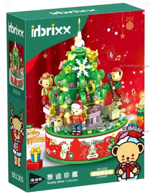 Hộp sản phẩm Hộp Nhạc Giáng Sinh Teddy Bear Collection của inbrixx, mã 881305, có hình ảnh cây thông Noel và gấu Teddy, đồ chơi lắp ghép cho bé 6 tuổi