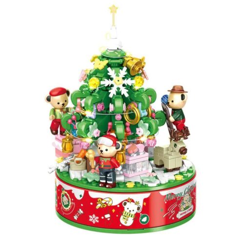 Mô hình cây thông Noel Giáng Sinh với các chú gấu Teddy và hộp nhạc xoay 360 độ, đồ chơi lắp ghép cho bé 6 tuổi