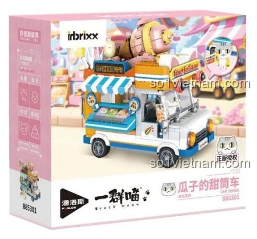 Hộp sản phẩm bộ xếp hình Xe kem của mèo Guazi inbrixx 885301, món quà sinh nhật ý nghĩa cho bé gái.