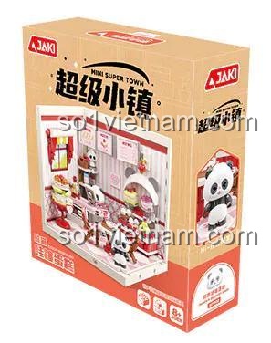 Hộp sản phẩm bộ lắp ghép tiệm bánh gấu trúc JAKi FK002, có hình ảnh mô hình và logo JAKi
