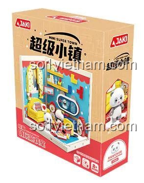 Hộp sản phẩm JAKI FK003 mô tả bộ lắp ghép Phòng Chơi Gấu Trúc, đồ chơi sáng tạo cho bé 8 tuổi