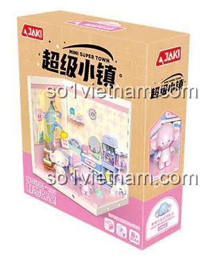 Hộp sản phẩm JAKI FK005 Bộ đồ chơi Phòng ngủ Mơ đẹp, kích thước hộp 24x8x27 cm, có hình ảnh mô hình bên trong và nhân vật voi