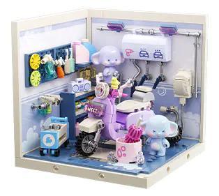 Mô hình tiệm rửa xe vui vẻ JAKI FK006 với đèn LED và nhân vật voi, xe máy màu tím, đồ chơi lắp ghép cho bé gái 8 tuổi