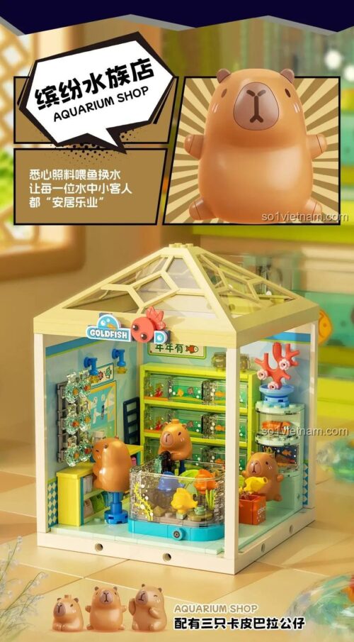 Hộp đồ chơi lắp ghép Cửa hàng cá cảnh JAKI FK023, mô hình Capybara có đèn LED, quà tặng bé gái 8 tuổi, tiết kiệm.