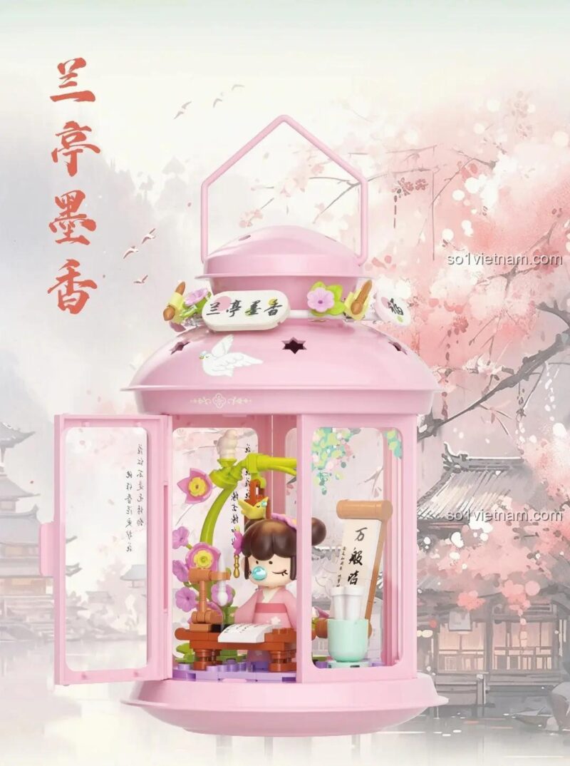 Mô hình đèn lồng Nanci Lan Đình Mặc Hương màu hồng với hoa lan và thư pháp, đồ chơi lắp ghép giáo dục, quà tặng sinh nhật cho bé gái