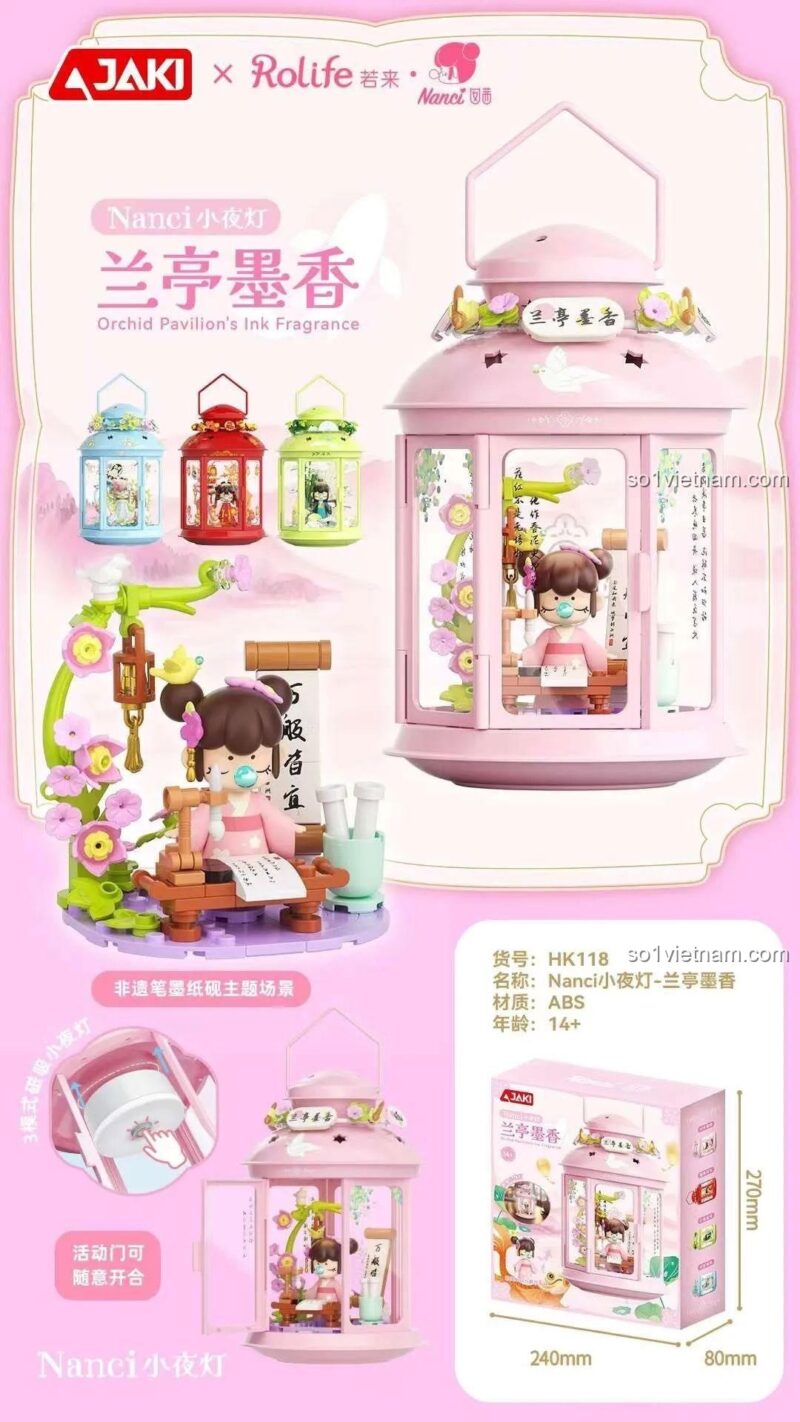 Mô hình đèn lồng Nanci Lan Đình Mặc Hương màu hồng với hoa lan và thư pháp, đồ chơi lắp ghép giáo dục, quà tặng sinh nhật cho bé gái