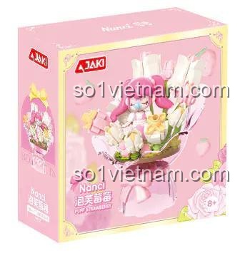Hộp đựng bộ đồ chơi bó hoa Nanci "Puff Strawberry" JAKI HK121, thiết kế màu hồng dễ thương, có hình ảnh sản phẩm và thông tin chi tiết