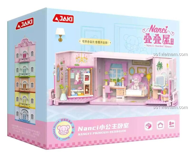 Hộp đựng bộ lắp ghép Nanci Tiểu Công Chúa Phòng Ngủ JAKI HK132, đồ chơi xếp hình cho bé gái 8 tuổi, màu hồng trắng, kích thước hộp 27x8x24cm