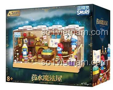 Hộp sản phẩm Smurf: Nhà Thuốc Phép Thuật JAKI HK321, bộ lắp ghép Smurf, đồ chơi giáo dục cho bé 8 tuổi, có đèn LED, hộp trưng bày chống bụi