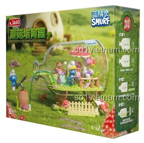 Hộp sản phẩm Smurf Mushroom Cultivate Garden JAKI HK324, đồ chơi lắp ghép cho bé 8 tuổi, hình ảnh khu vườn nấm Smurf