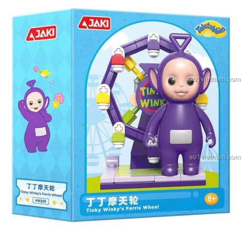 Hộp sản phẩm JAKI HK501 Teletubbies Vòng quay Tinky Winky, bộ lắp ghép cho bé gái 8 tuổi, có hình nhân vật Tinky Winky, vòng quay, độ tuổi 8+