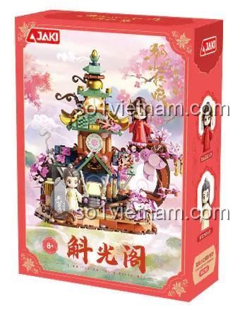 Hộp sản phẩm bộ lắp ghép JAKI HK705 Hồ Yêu Tiểu Hồng Nương, có hình ảnh mô hình Húc Quang Các và các nhân vật, độ tuổi 8+
