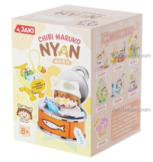 Hộp sản phẩm JAKI HK901 Chibi Maruko Chan Nyan Blind Box, mô tả các mẫu lắp ráp ngẫu nhiên, nhân vật Maruko Chan hóa mèo, đồ chơi lắp ráp cho bé gái 8 tuổi