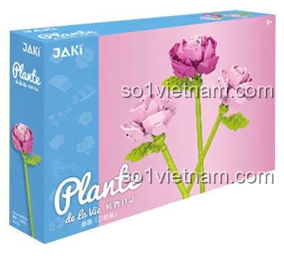 Hộp sản phẩm bộ đồ chơi JAKI JK26222 - Mô hình hoa hồng tình yêu lắp ghép màu hồng và tím, kích thước hộp 26x17.5x5cm, quà tặng cho bé gái 8 tuổi