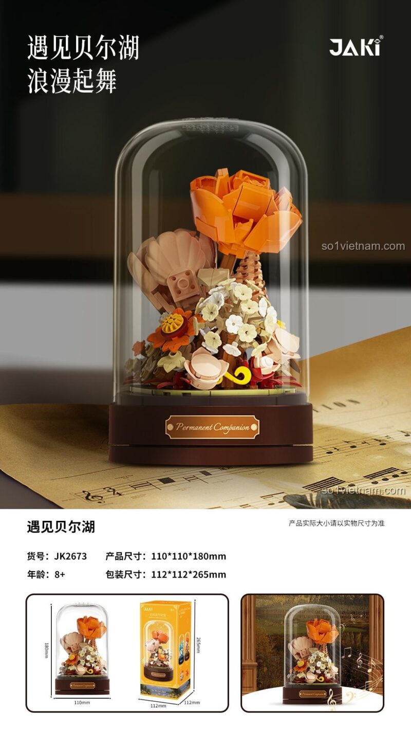 Kích thước chi tiết của set đồ chơi JAKI JK2673 Hộp Hoa Vĩnh Cửu Âm Nhạc, mô hình hoa có nhạc trưng bày đẹp mắt.