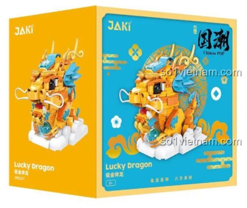 Hộp sản phẩm bộ xếp hình JAKI JK5137 Rồng Thần May Mắn, đồ chơi xây dựng Linh vật Rồng, quà tặng ý nghĩa, chất lượng cao.