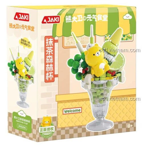 Hộp sản phẩm Gấu David Matcha Forest Cup JAKi JK6206, bộ lắp ghép trang trí bàn làm việc, màu xanh lá, vàng, trắng, cho bé gái 8 tuổi, hương vị mùa hè