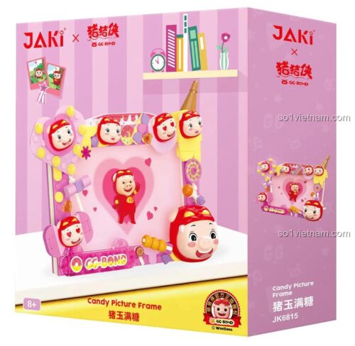 Hình ảnh hộp sản phẩm bộ xếp hình Khung ảnh kẹo ngọt JAKI JK6815. Hộp màu hồng dễ thương, là món quà sinh nhật tuyệt vời cho con gái.