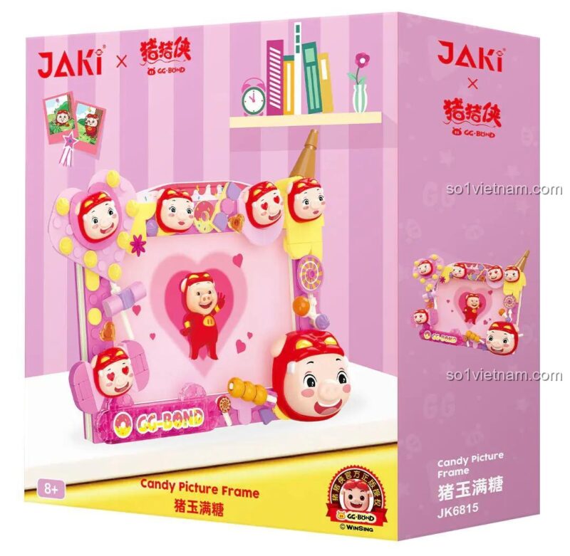 Hình ảnh hộp sản phẩm bộ xếp hình Khung ảnh kẹo ngọt JAKI JK6815. Hộp màu hồng dễ thương, là món quà sinh nhật tuyệt vời cho con gái.