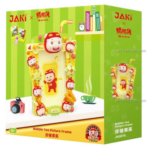 Hình ảnh hộp sản phẩm của bộ xếp hình JK6816, mô hình Khung ảnh Trà Sữa Trân Châu JAKI, quà tặng sáng tạo cho con gái.