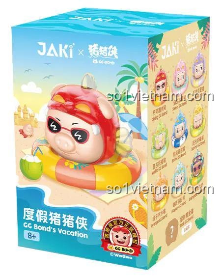 Mặt bên của hộp đồ chơi blind box GG Bond's Vacation của JAKI, hiển thị các mẫu nhân vật có thể có