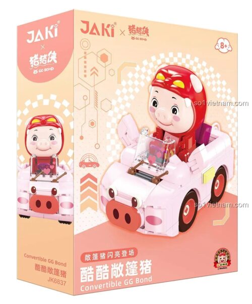Hộp sản phẩm bộ lắp ghép Xe Convertible GG Bond JAKI JK6837, có hình ảnh xe và nhân vật GG Bond, độ tuổi 8+
