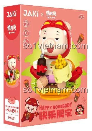 Hộp sản phẩm đồ chơi lắp ghép GGbond Happy Honebody JAKI JK6851, mô hình nhân vật hoạt hình cho bé 8 tuổi, màu đỏ, vàng, hồng, nâu, có hình ảnh GGbond ngồi trên bánh burger