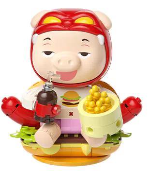 Mô hình GGbond Happy Honebody JAKI JK6851, đồ chơi lắp ghép nhân vật hoạt hình cho bé 8 tuổi, màu đỏ, vàng, hồng, nâu, mô hình ngồi trên bánh burger