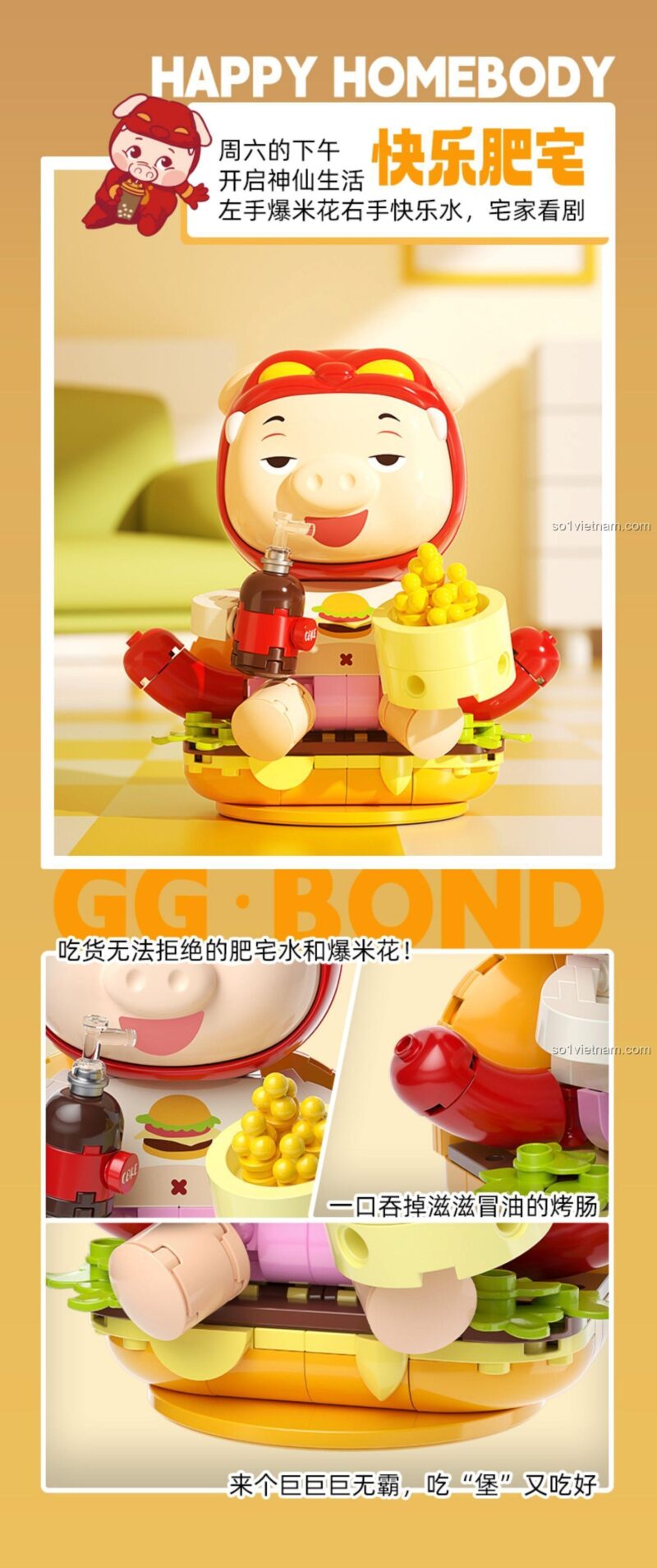 Mô hình GGbond Happy Honebody JAKI JK6851, đồ chơi lắp ghép nhân vật hoạt hình cho bé 8 tuổi, màu đỏ, vàng, hồng, nâu, mô hình ngồi trên bánh burger, cầm đồ uống và bỏng ngô