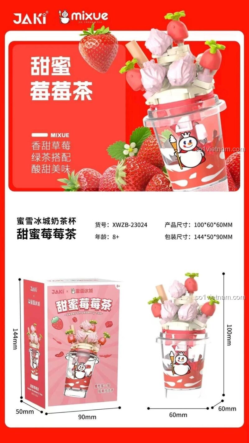Kích thước hộp và mô hình ly trà sữa dâu tây JAKI X Mixue Sweet Strawberry Tea