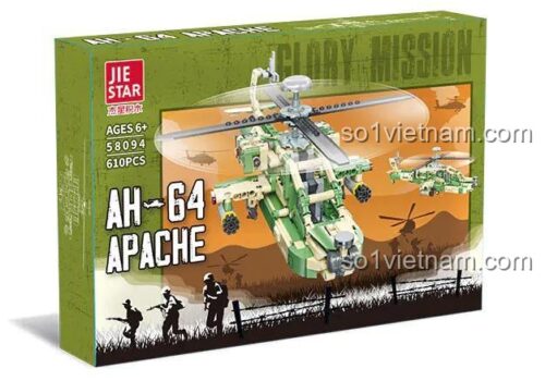 Hộp đựng bộ lắp ghép trực thăng Apache AH-64 JIESTAR 58094, hình ảnh trực thăng và binh lính, Độ tuổi 6+, 610 mảnh ghép