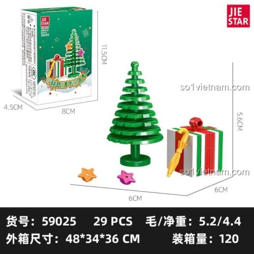 Hộp sản phẩm JIESTAR 59025 và kích thước mô hình cây thông Noel, quà tặng
