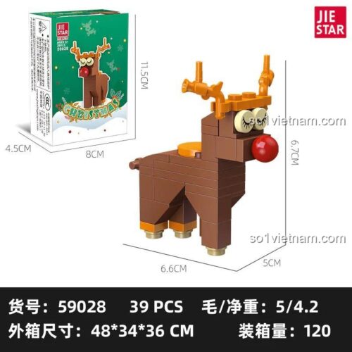 Hộp sản phẩm JIESTAR 59028 và mô hình tuần lộc chi tiết, kích thước 6.6x5x6.7cm